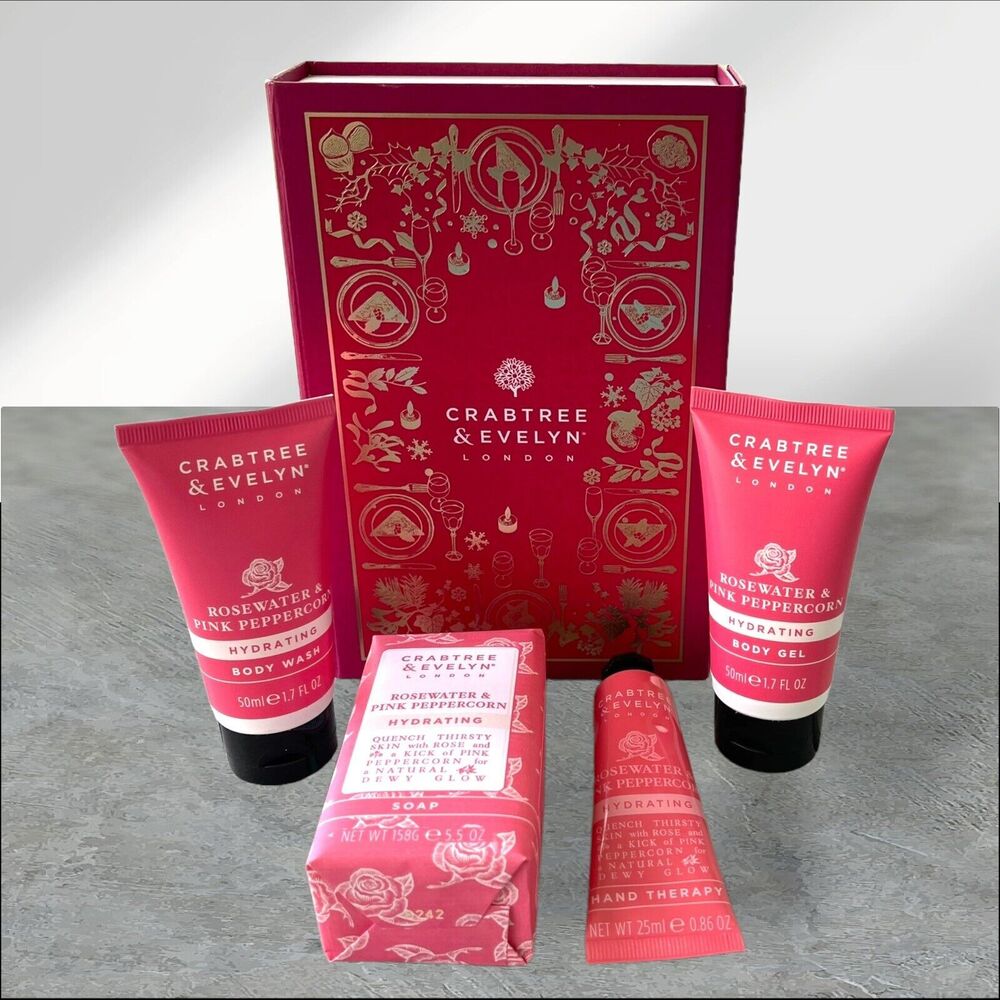 RARE Crabtree & Evelyn ROSEWATER & PINK PEPPERCORN 4 Piece HYDRATING Gift Set